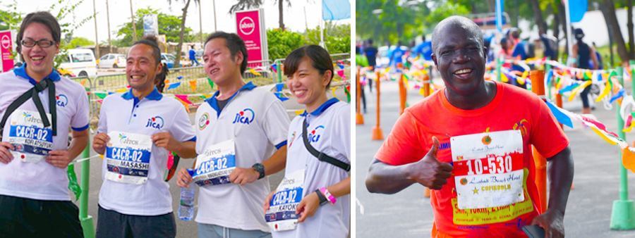 AIM2019, left: JICA team with personalized bibs; right: thumbs up LBH's David